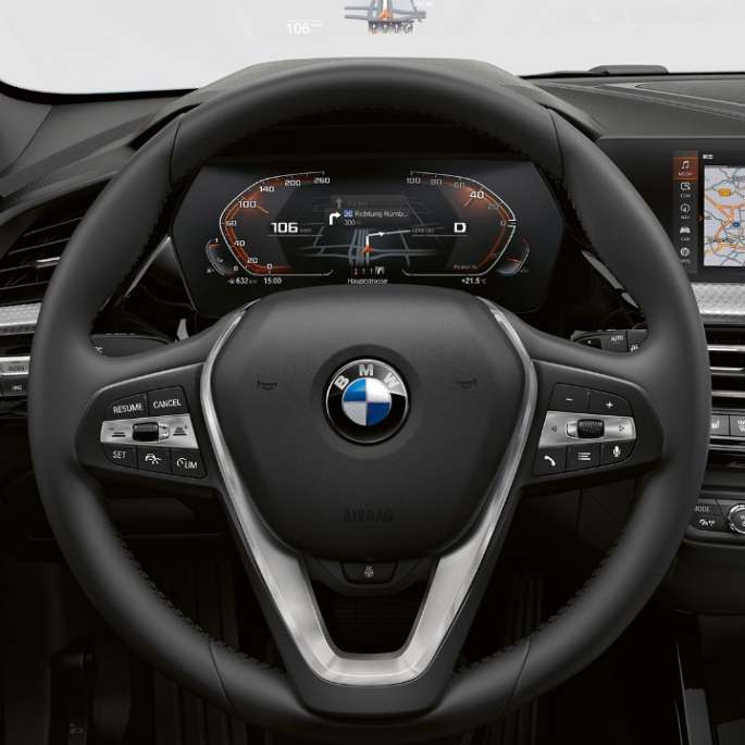 Sport leather steering wheel. BMW 1 Series Model Luxury Line, cockpit with Sport leather steering wheel.