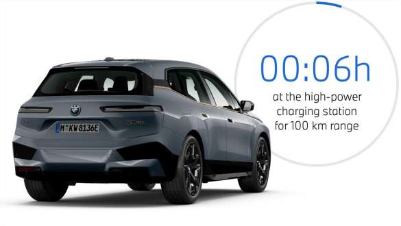BMW iX M60 i20 2022 electric SUV BMW Individual Storm Bay metallic three-quarter rear view with charging time graphic BMW iX M60 i20 2022 electric SUV BMW Individual Storm Bay metallic three-quarter rear view with charging time graphic