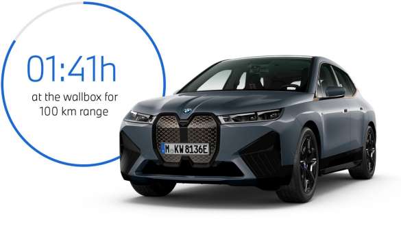 BMW iX M60 i20 2022 electric SUV BMW Individual Storm Bay metallic three-quarter front view with charging time graphic BMW iX M60 i20 2022 electric SUV BMW Individual Storm Bay metallic three-quarter front view with charging time graphic