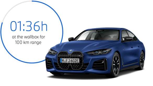 BMW i4 M50 eDrive40 G26 2021 BMW Individual Frozen Portimao Blue metallic three-quarter front view with charging time graphic