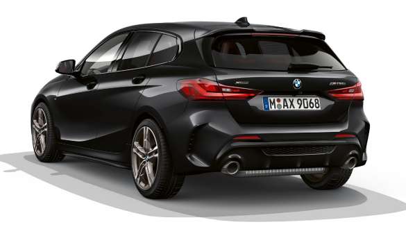 BMW M135i xDrive (F40) M Aerodynamics package BMW M135i xDrive (F40) in Black Sapphire metallic, rear view with M Aerodynamics package