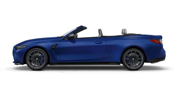 Side design BMW M4 Competition Convertible with M xDrive G83 2021 BMW M4 Cabrio Competition with M xDrive G83 2021 BMW Individual Frozen Portimao Blue metallic side view