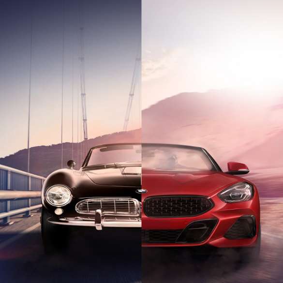 BMW 507 and BMW Z4 Roadster Split screen of black BMW 507 and BMW Z4 Roadster