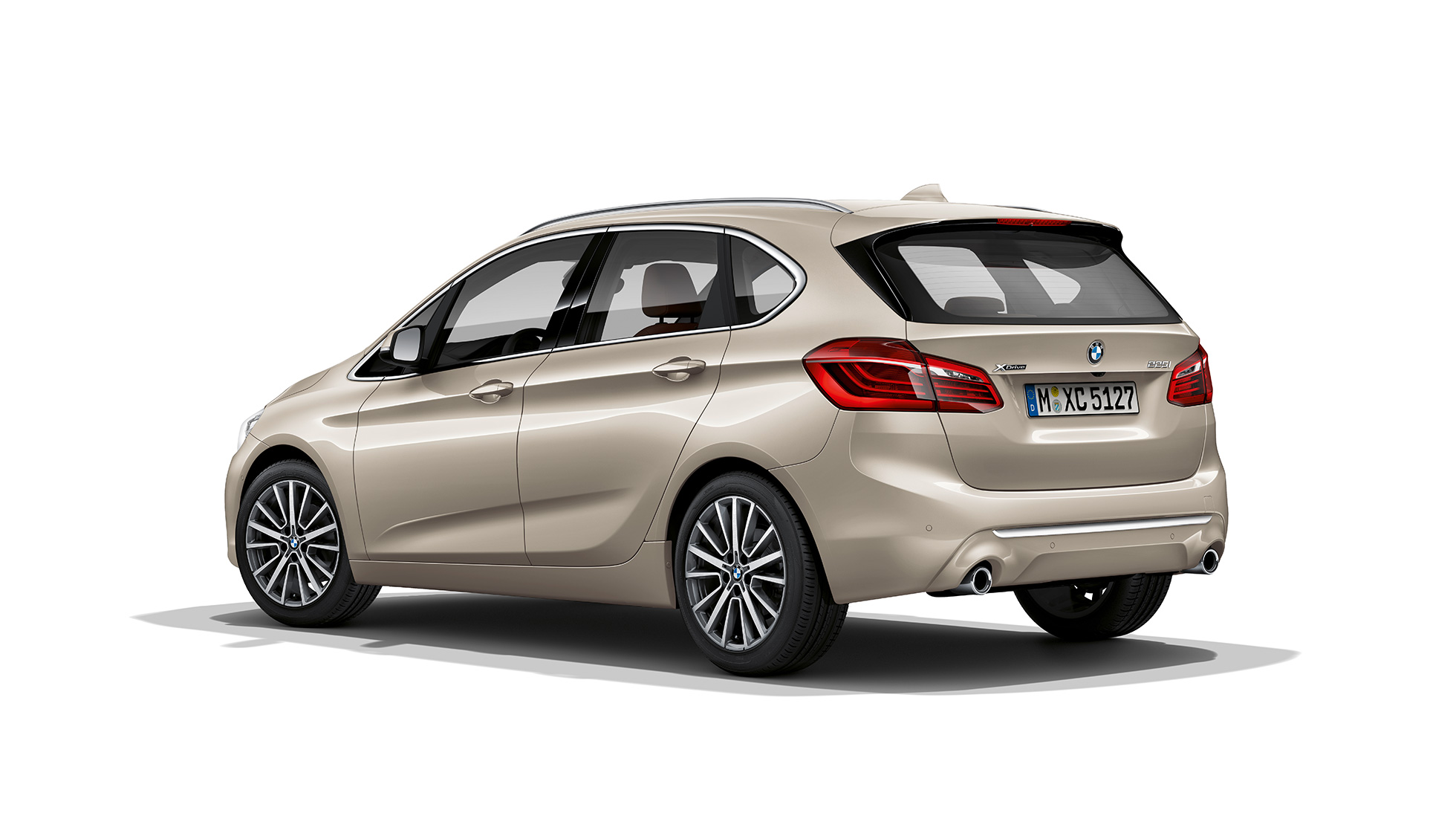 Three-quarter rear view BMW 2 Series Active Tourer Model Luxury Line BMW 2 Series Active Tourer Model Luxury Line 225i xDrive F45 Jucaro Beige metallic three-quarter rear view