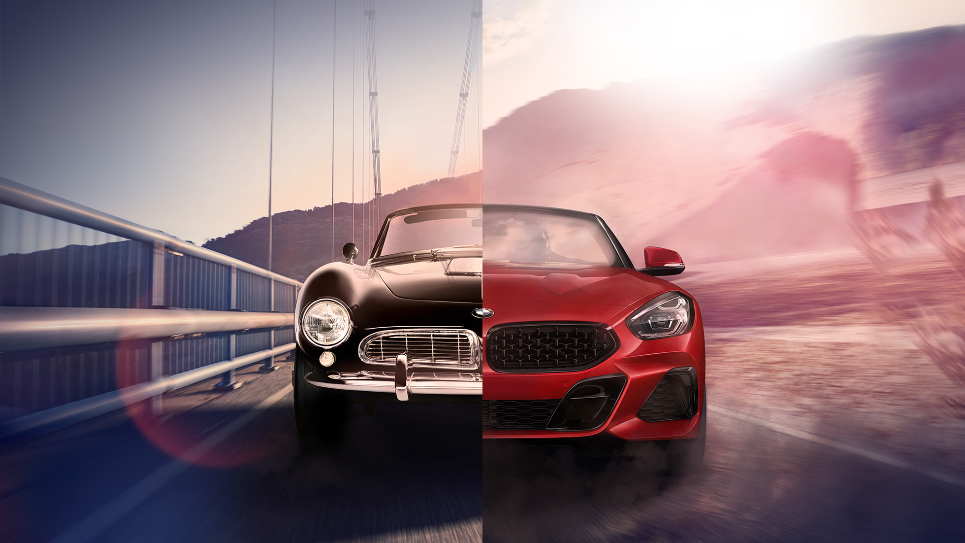 BMW 507 and BMW Z4 Roadster Split screen of black BMW 507 and BMW Z4 Roadster